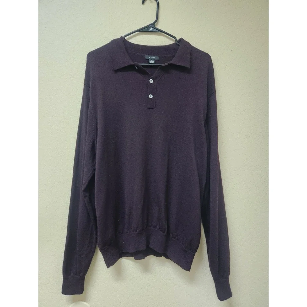 Alfani Men's XL Long Sleeve Knit Polo Sweater 100% Merino Wool Burgundy Purple